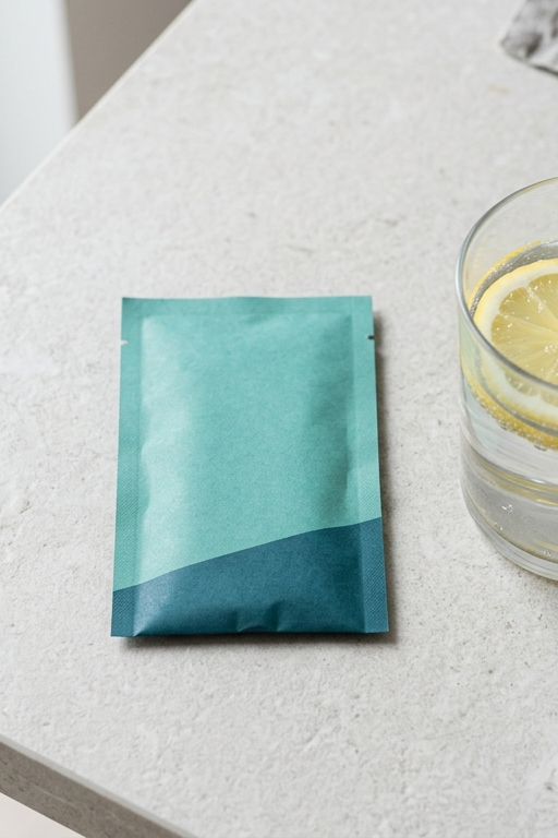 AVEA Collagen Activator Sachet neben einem Glas Wasser mit Zitrone