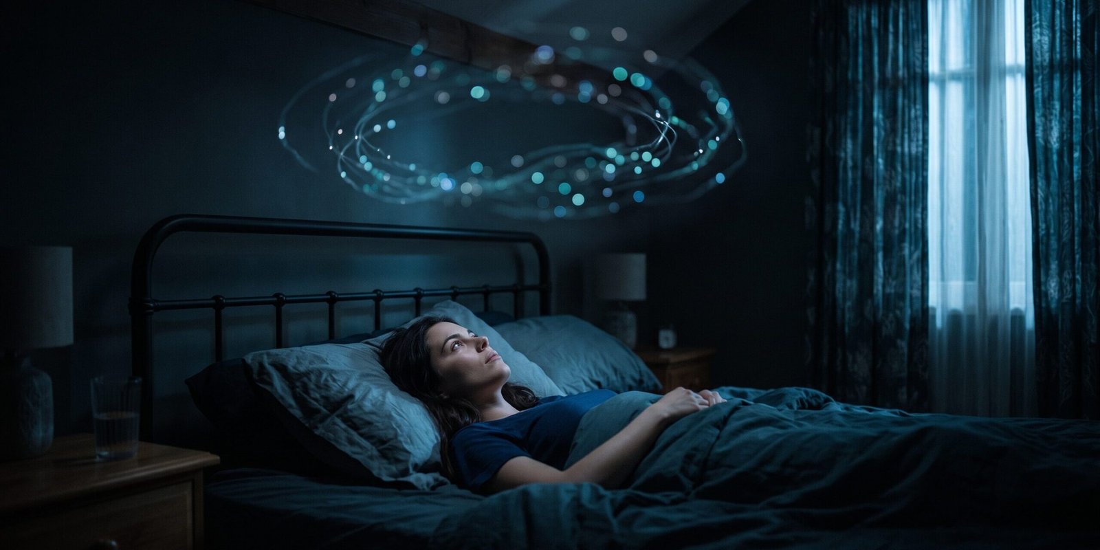 gedankenkarussell-hero.webp Person liegt nachts wach im Bett mit kreisenden Gedanken – Gedankenkarussell stoppen beim Einschlafen