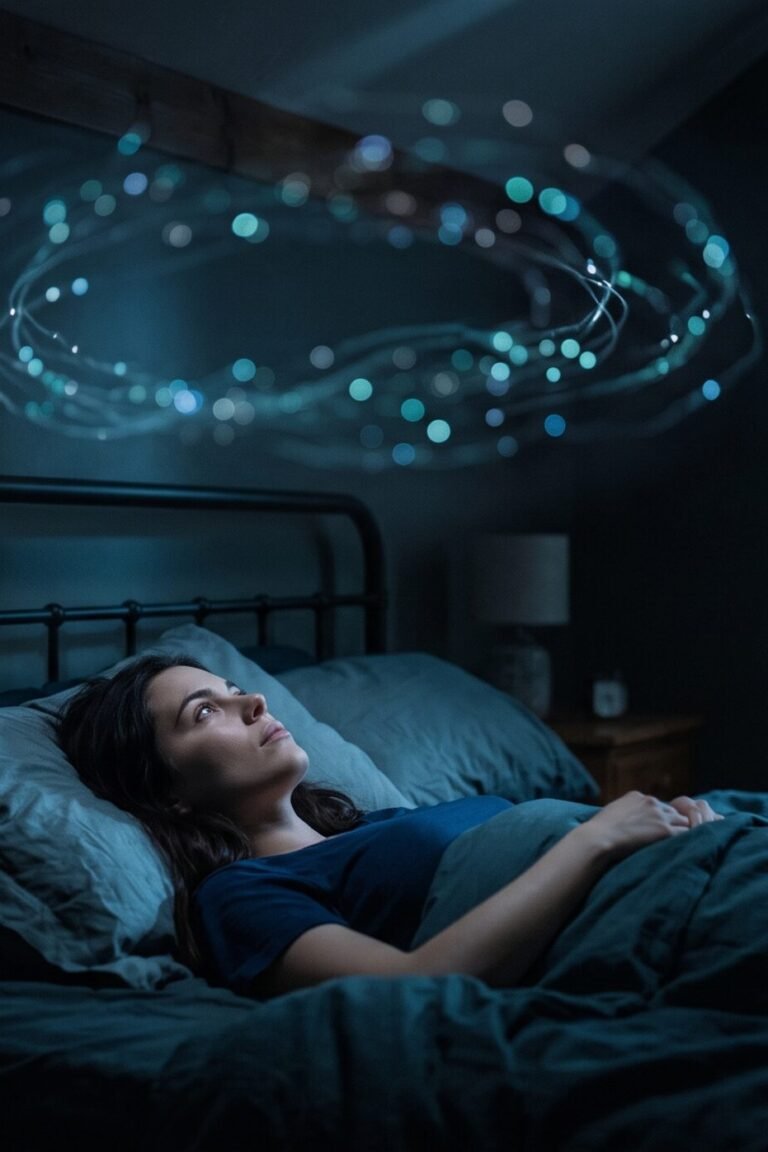 Person liegt nachts wach im Bett mit kreisenden Gedanken – Gedankenkarussell stoppen beim Einschlafen
