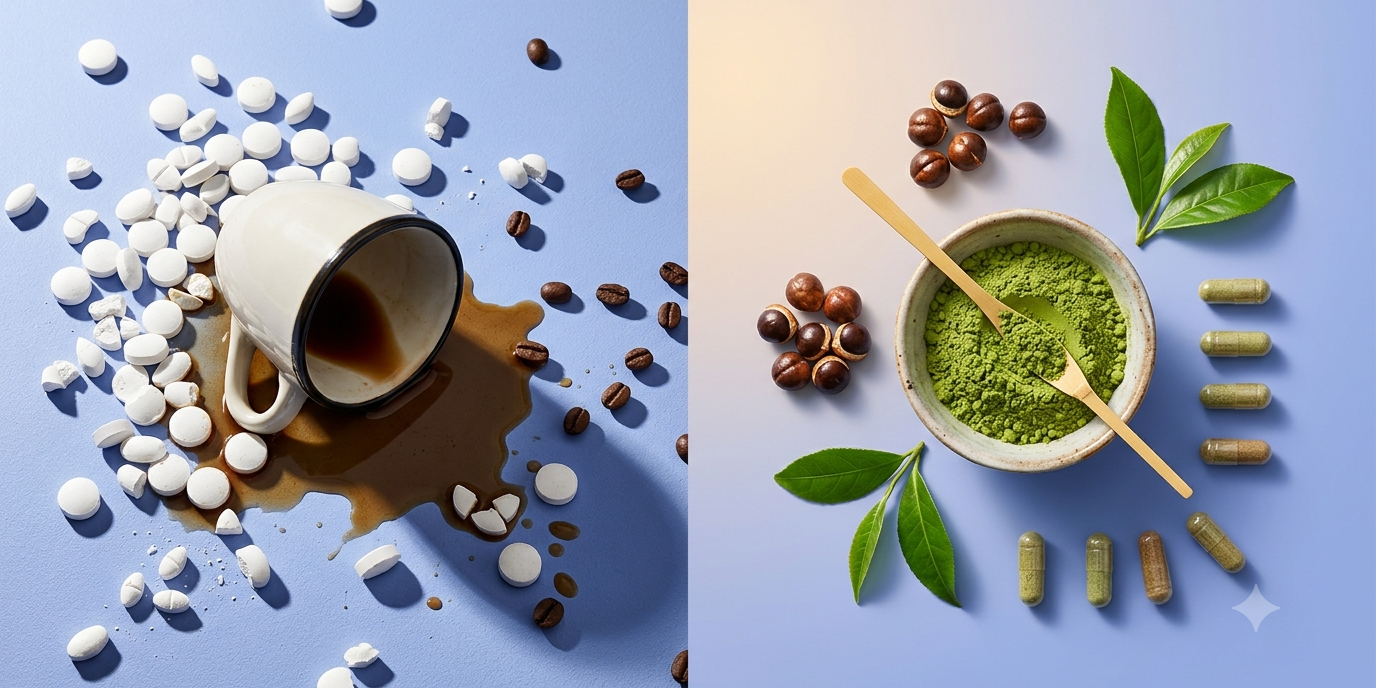 Gemini_Generated_Image_iaya99iaya99iaya Vergleich: verstreute Koffeintabletten mit umgekippter Espressotasse gegenüber ruhig arrangiertem Matcha, Guarana und pflanzlichen Kapseln
