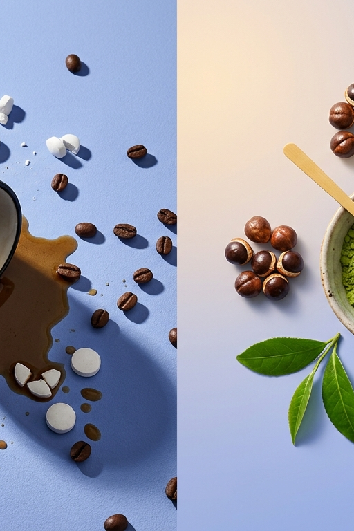 Vergleich: verstreute Koffeintabletten mit umgekippter Espressotasse gegenüber ruhig arrangiertem Matcha, Guarana und pflanzlichen Kapseln