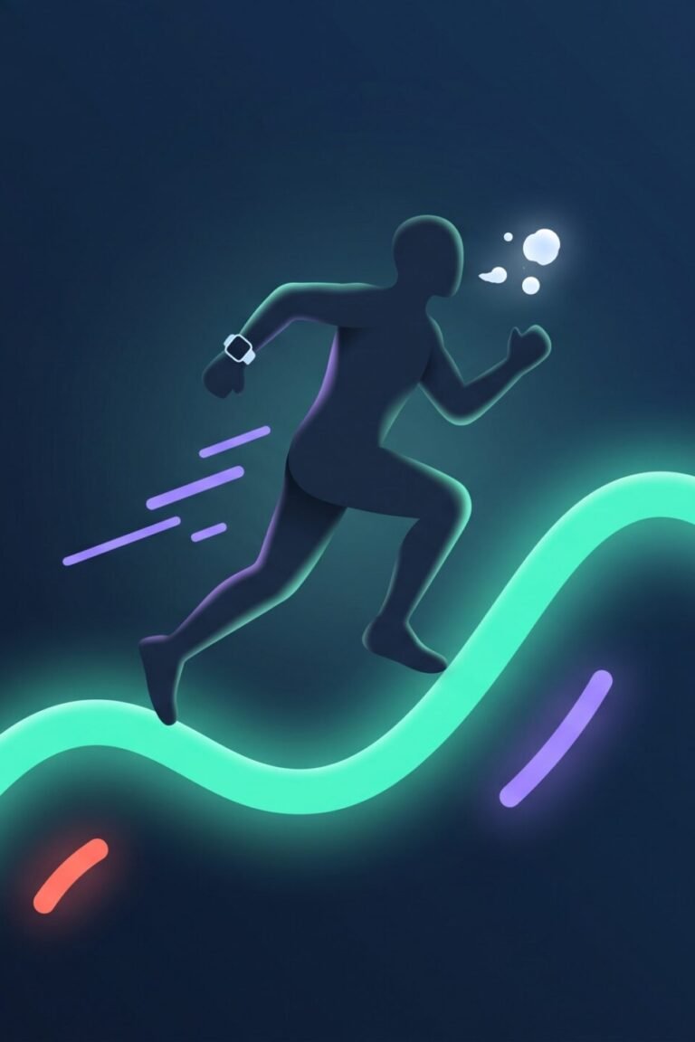 VO2max: aufsteigende leuchtende Signalwelle mit Läufer-Silhouette in Mint auf Mitternachtsblau