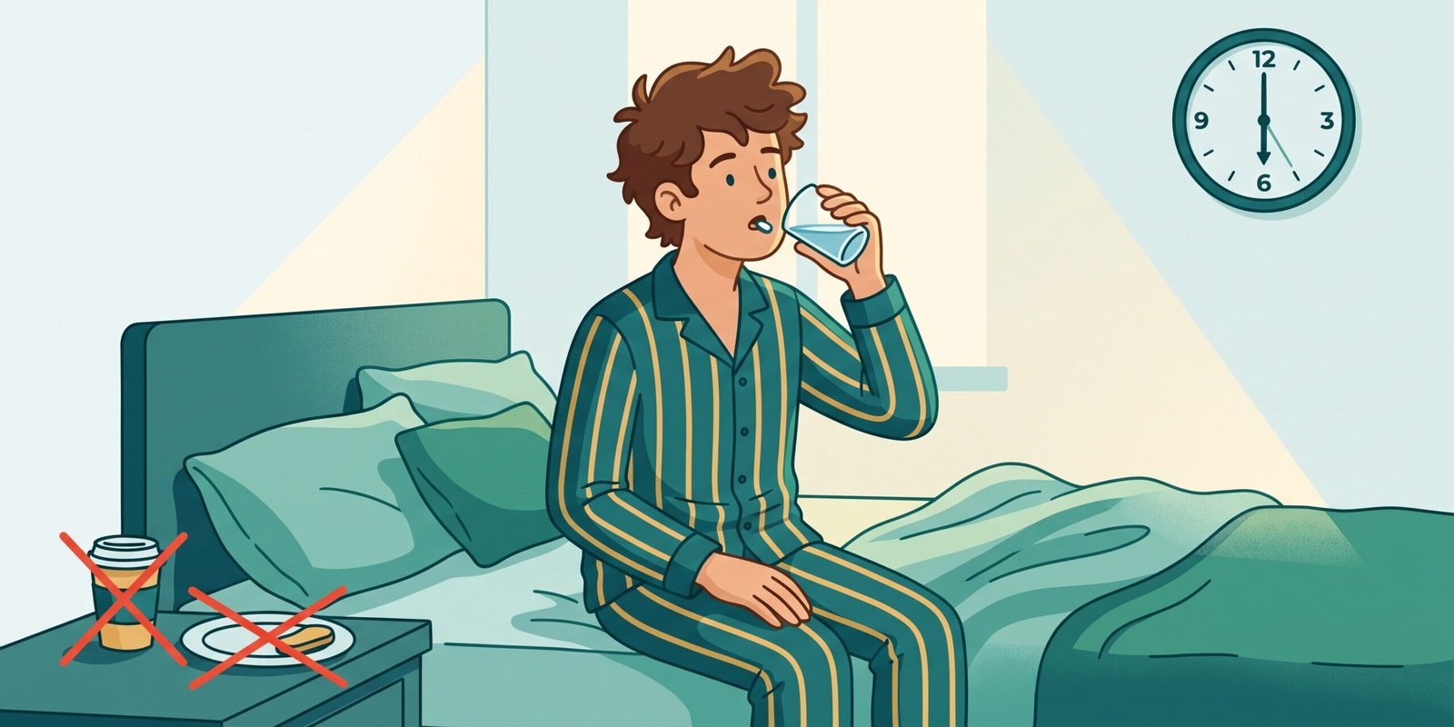 wegovy-tablette-2026-einnahme-nuechtern.webp Illustration: Person nimmt morgens nüchtern eine Abnehmtablette mit einem kleinen Glas Wasser ein – Einnahmeregel der Wegovy Tablette