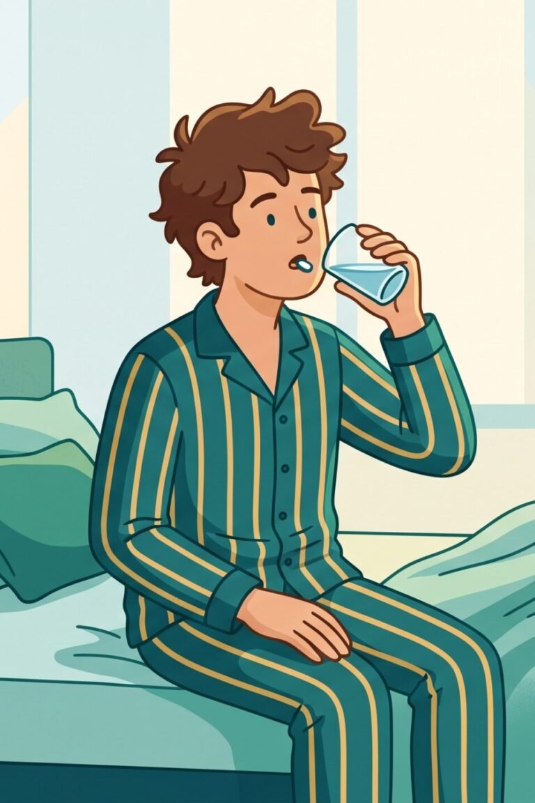 Illustration: Person nimmt morgens nüchtern eine Abnehmtablette mit einem kleinen Glas Wasser ein – Einnahmeregel der Wegovy Tablette