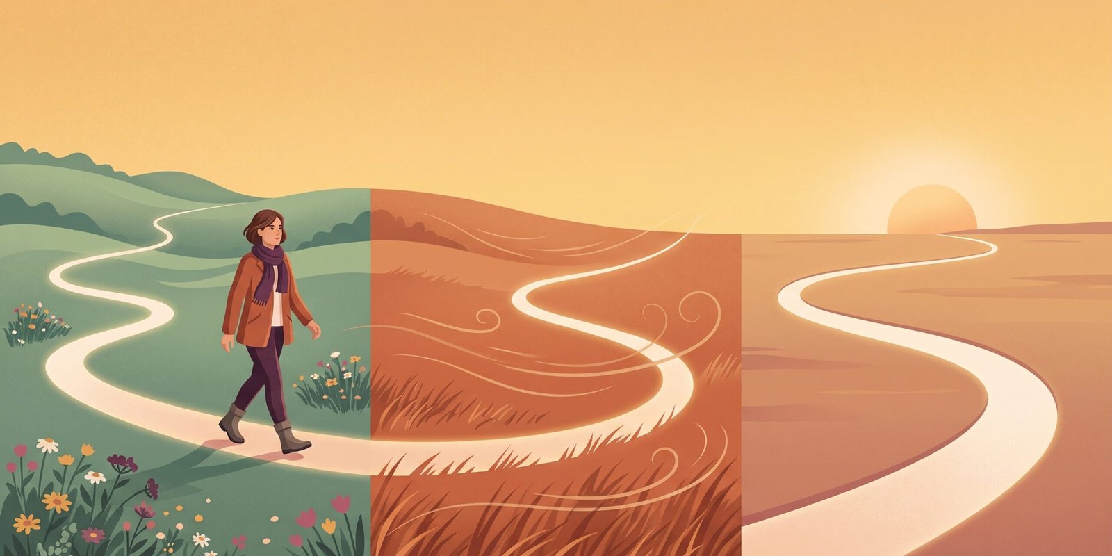 perimenopause-ab-wann-wie-lange-symptome.png Perimenopause verstehen: Illustration einer Frau auf einem geschwungenen Weg durch wechselnde Landschaften bis zum ruhigen Abendlicht