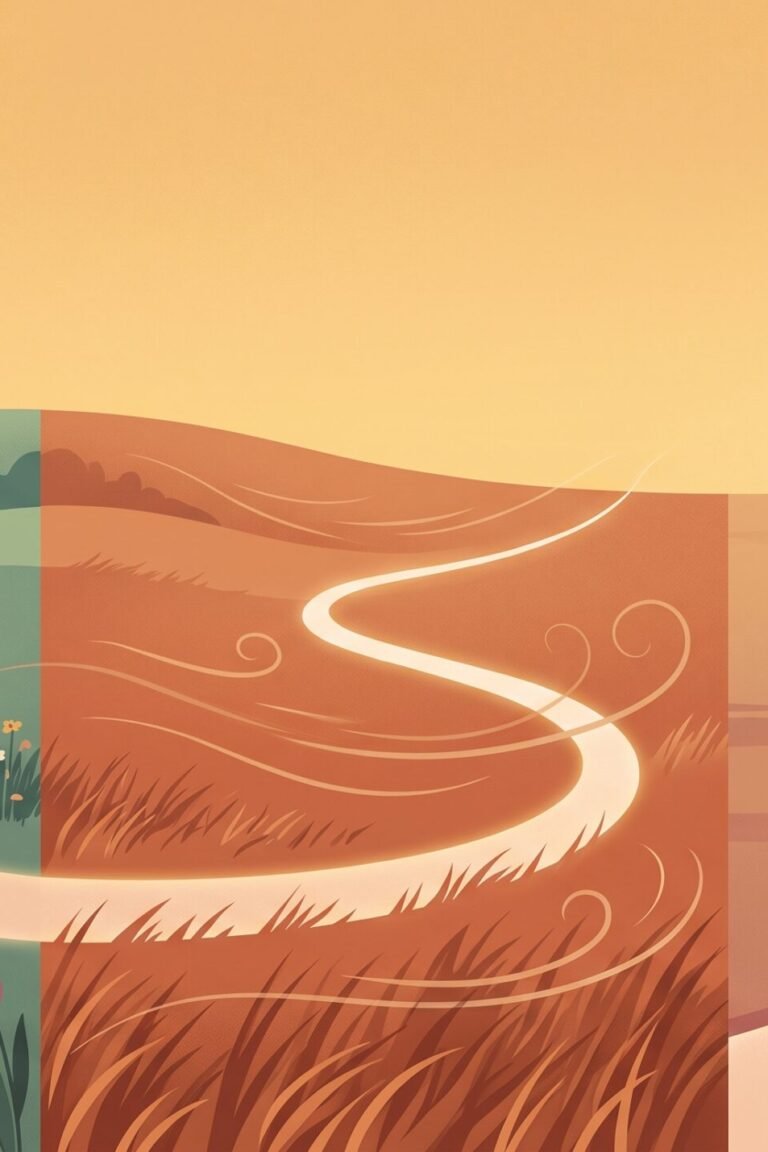 Perimenopause verstehen: Illustration einer Frau auf einem geschwungenen Weg durch wechselnde Landschaften bis zum ruhigen Abendlicht