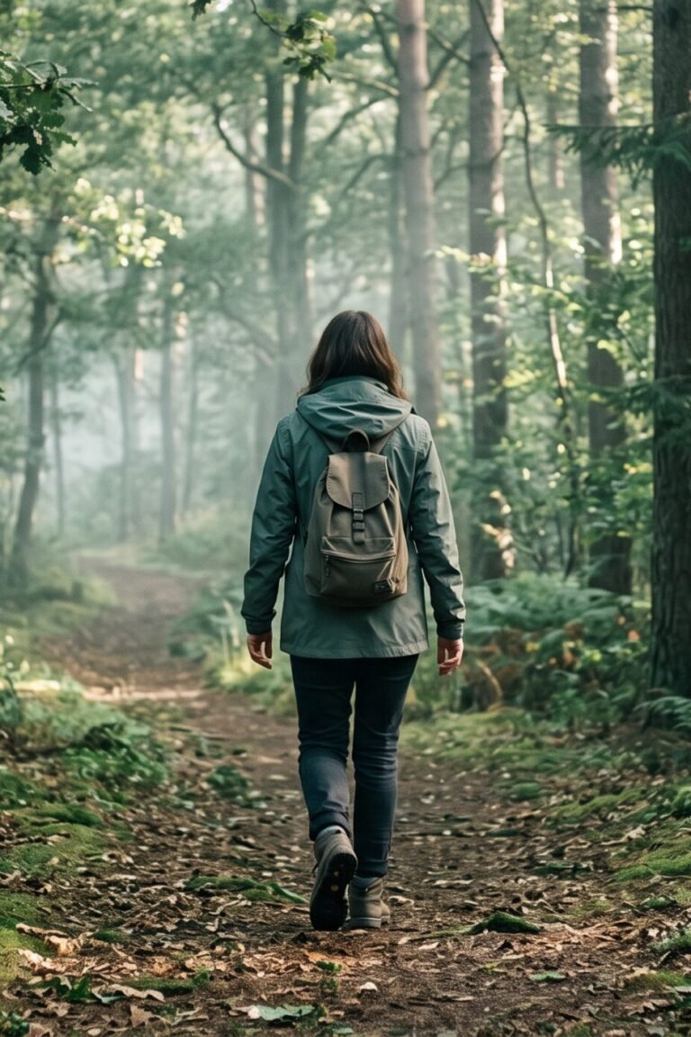 Person geht langsam und achtsam auf einem ruhigen Waldweg – Gehmeditation