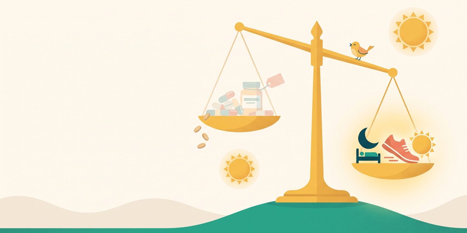 cortisol-tabletten-blocker-faktencheck-hero.webp Illustration einer goldenen Balkenwaage: leichte Supplement-Kapseln oben, schwere leuchtende Symbole für Schlaf, Bewegung und Morgensonne unten – Cortisol-Tabletten im Faktencheck
