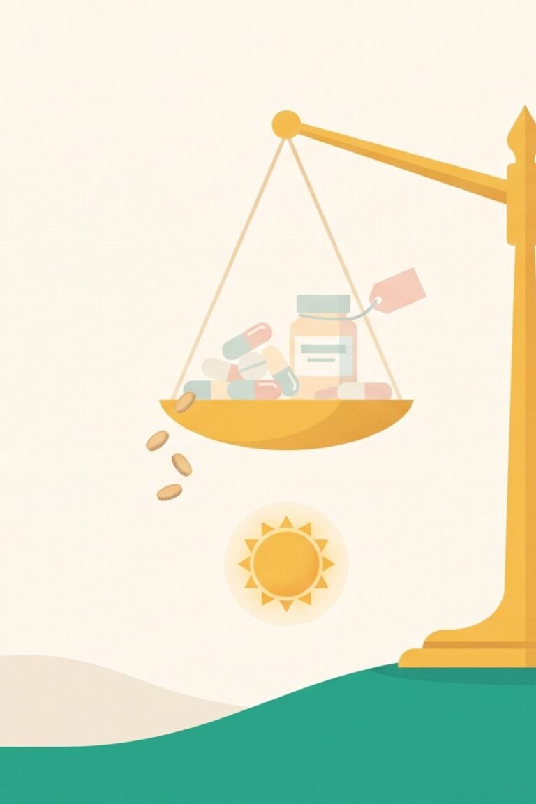 Illustration einer goldenen Balkenwaage: leichte Supplement-Kapseln oben, schwere leuchtende Symbole für Schlaf, Bewegung und Morgensonne unten – Cortisol-Tabletten im Faktencheck
