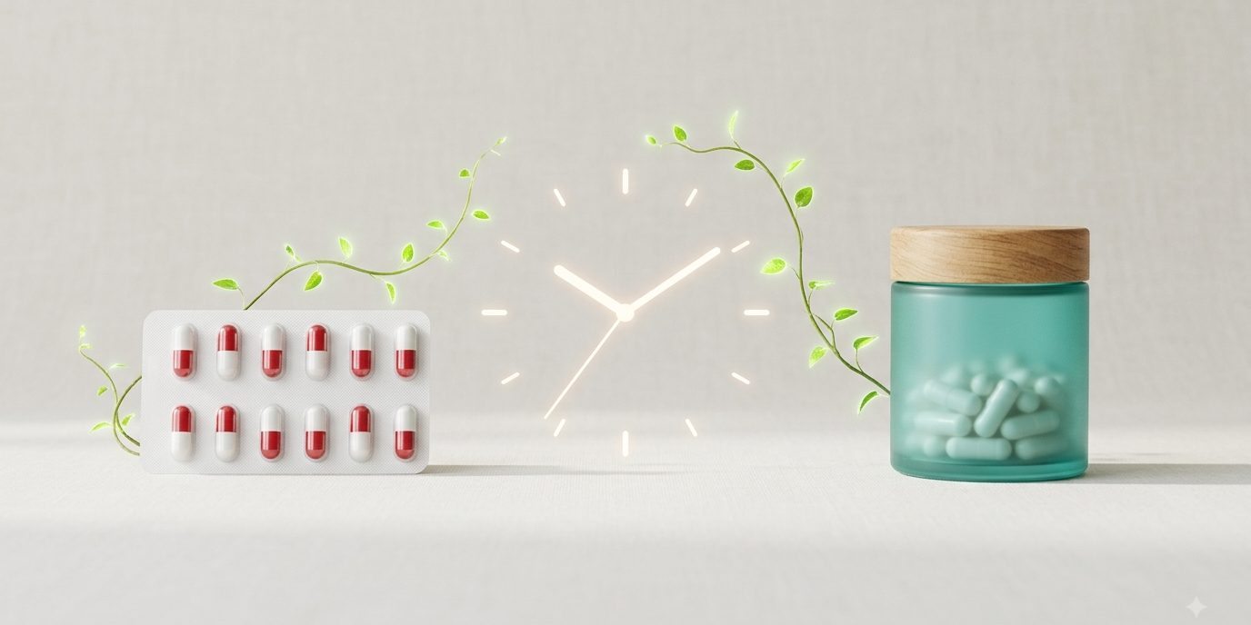 probiotika-nach-antibiotika-darmflora.webp Probiotika nach Antibiotika: Zeitstrahl-Konzept mit Antibiotikum, Uhr und probiotischen Kapseln zur Regeneration der Darmflora