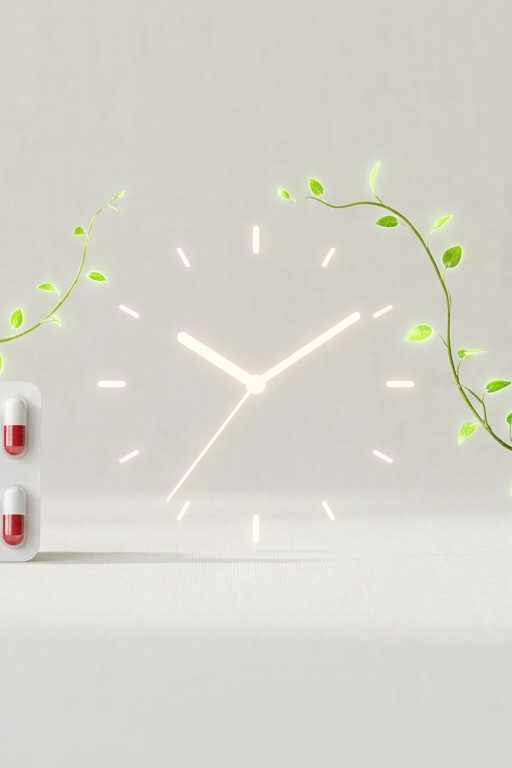 Probiotika nach Antibiotika: Zeitstrahl-Konzept mit Antibiotikum, Uhr und probiotischen Kapseln zur Regeneration der Darmflora