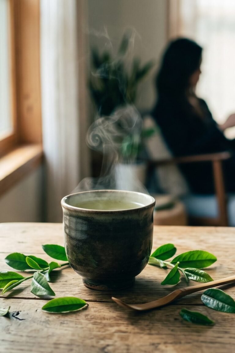 Dampfende Tasse Grüntee mit frischen Teeblättern auf Holztisch – L-Theanin Wirkung aus grünem Tee
