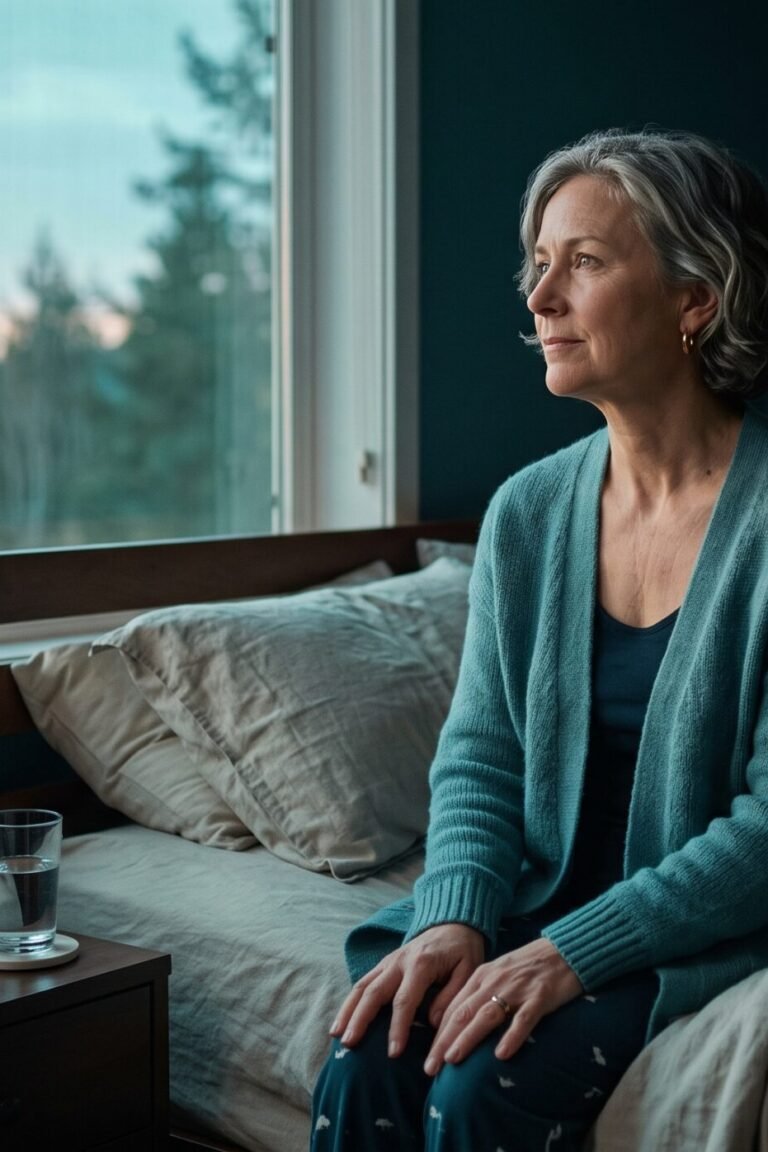 Frau in den Wechseljahren sitzt im Morgengrauen nachdenklich am Bettrand – Schlafstörungen in der Menopause