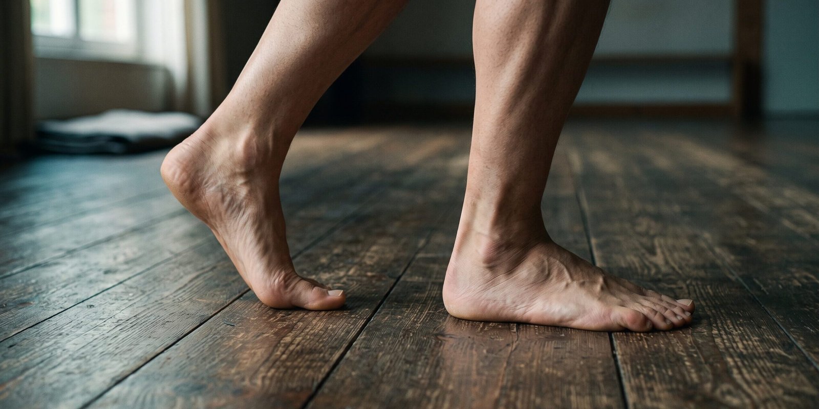 tai-chi-walking-grundschritt-detail.webp Nahaufnahme der Füße beim Tai-Chi-Grundschritt: Ferse setzt ohne Gewicht auf