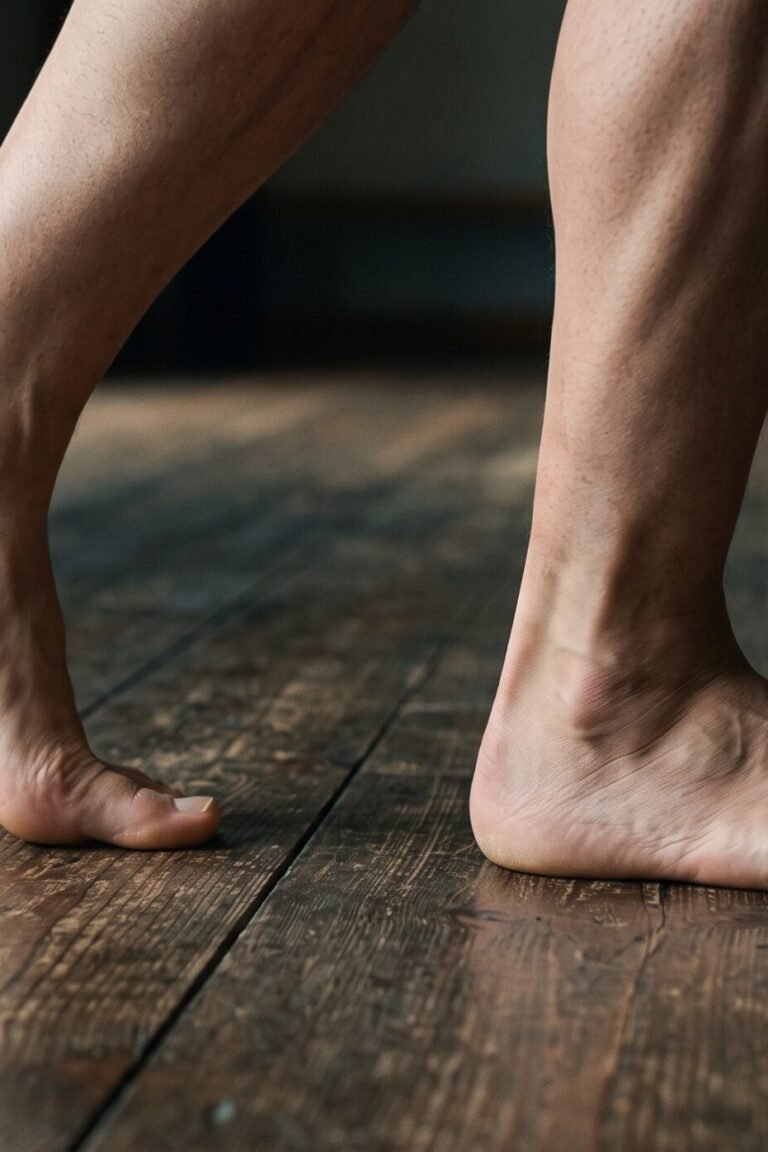 Nahaufnahme der Füße beim Tai-Chi-Grundschritt: Ferse setzt ohne Gewicht auf
