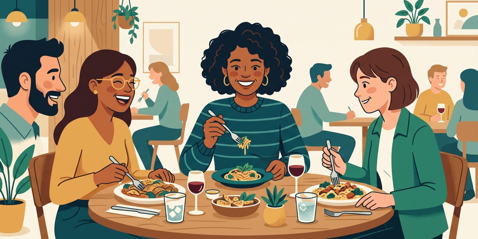 abnehmspritze-alltag-erfahrungen-restaurant.webp Illustration: Person isst im Restaurant entspannt eine kleine Portion, während Freunde neugierig schauen – Alltag mit der Abnehmspritze zwischen Genuss und sozialen Situationen