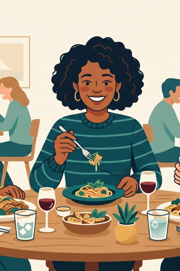 Illustration: Person isst im Restaurant entspannt eine kleine Portion, während Freunde neugierig schauen – Alltag mit der Abnehmspritze zwischen Genuss und sozialen Situationen