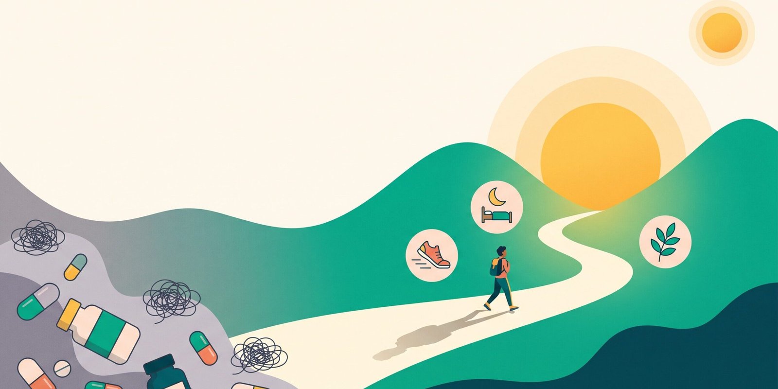 cortisol-senken-evidenzbasierter-guide-hero.webp Illustration: Weg führt aus grauem Chaos aus Pillen und Detox-Flaschen in eine warme Sonnenaufgangs-Landschaft mit Symbolen für Schlaf, Bewegung und Licht – Cortisol senken ohne Wundermittel