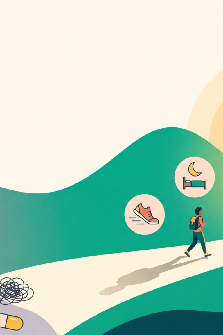 Illustration: Weg führt aus grauem Chaos aus Pillen und Detox-Flaschen in eine warme Sonnenaufgangs-Landschaft mit Symbolen für Schlaf, Bewegung und Licht – Cortisol senken ohne Wundermittel