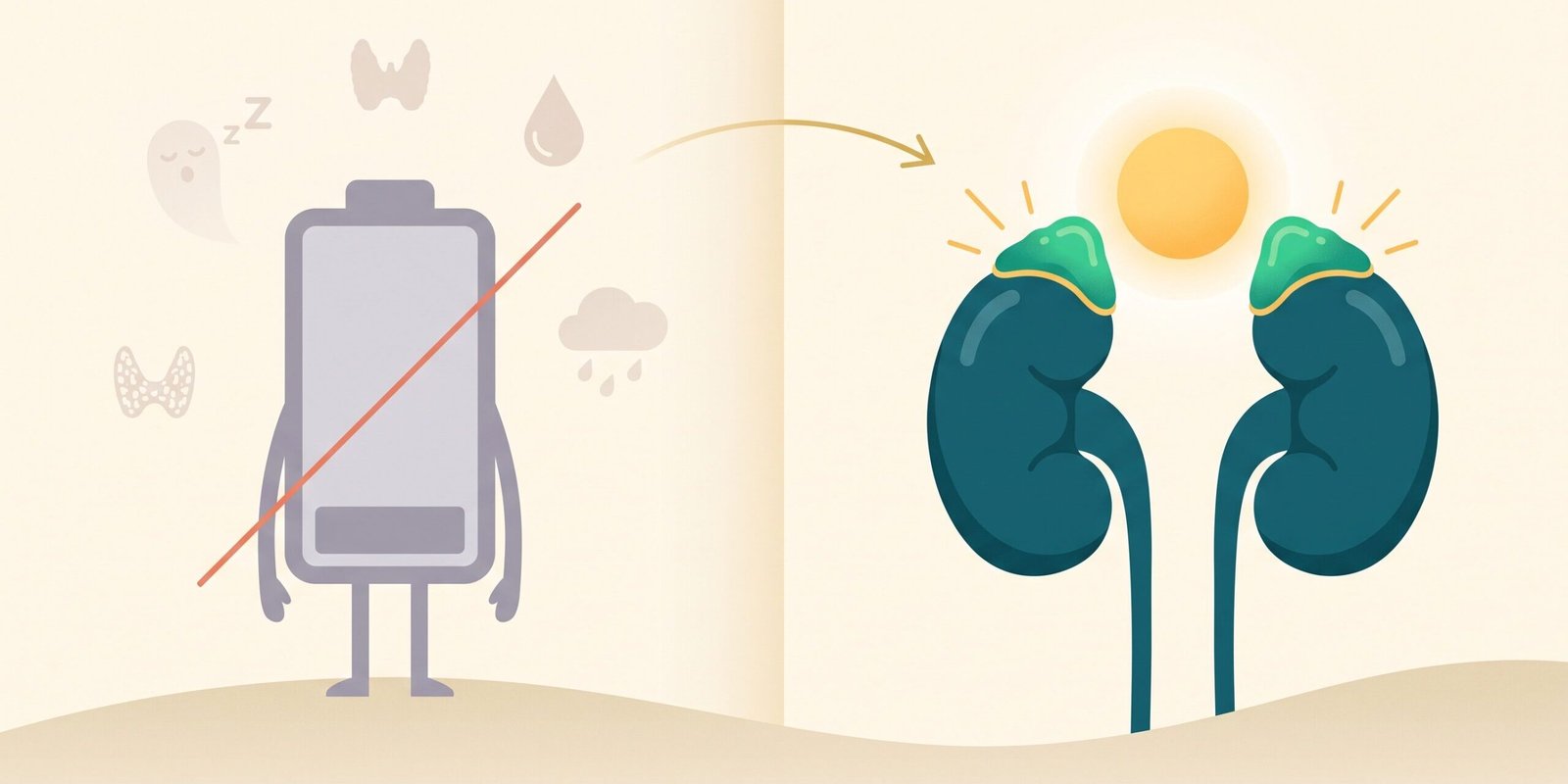 nebennierenschwaeche-adrenal-fatigue-mythos-hero.webp Illustration: Verblasste, durchgestrichene leere Batterie links, rechts leuchtende intakte Nebennieren auf den Nieren unter goldener Morgensonne – der Mythos der „erschöpften Nebennieren"