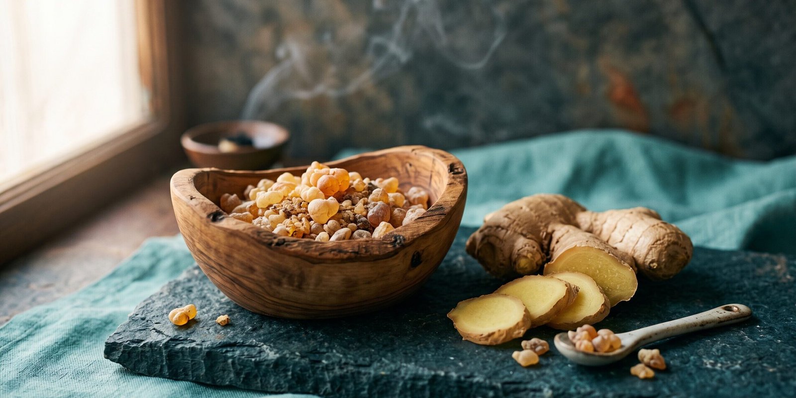 Goldene Weihrauch-Harztränen in Holzschale neben frischem Ingwer – Boswellia serrata Wirkung