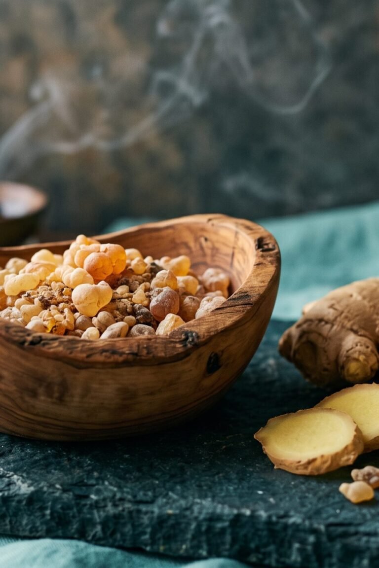 Goldene Weihrauch-Harztränen in Holzschale neben frischem Ingwer – Boswellia serrata Wirkung