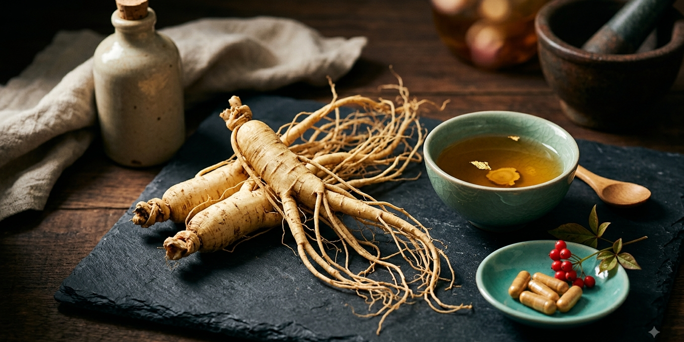 panax-ginseng-wurzel-wirkung.webp Panax Ginseng Wurzel: frische Ginsengwurzeln mit Extrakt-Kapseln und traditioneller Teeschale auf Holztisch