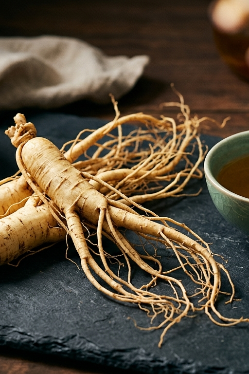 Panax Ginseng Wurzel: frische Ginsengwurzeln mit Extrakt-Kapseln und traditioneller Teeschale auf Holztisch