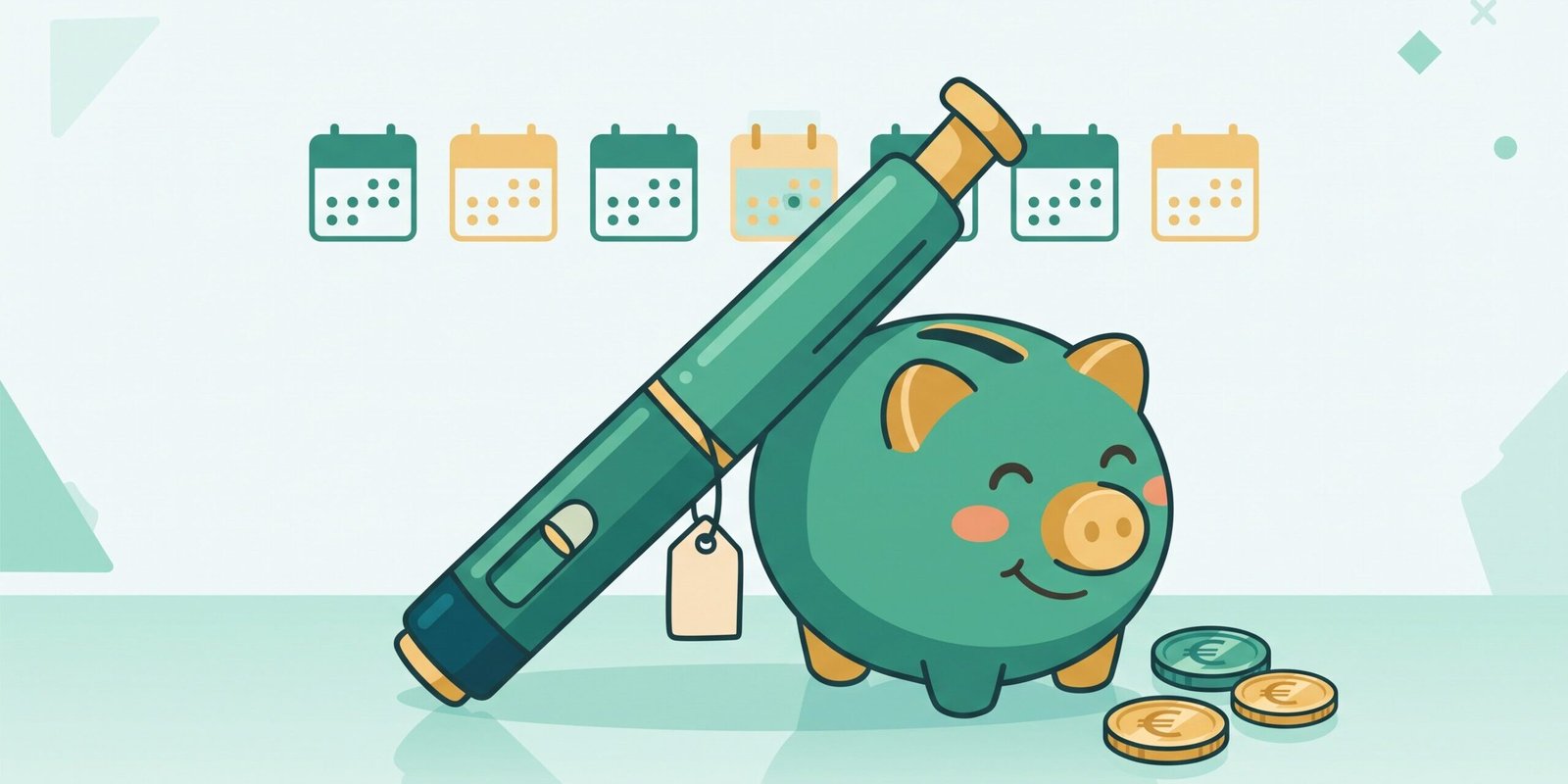 Illustration: Injektionspen mit Preisschild lehnt an einem Sparschwein mit Euro-Münzen – Nevolat als günstigste Abnehmspritze mit täglicher Anwendung