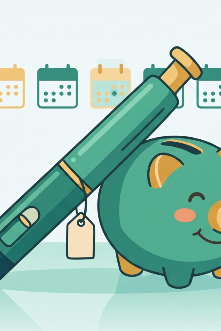 Illustration: Injektionspen mit Preisschild lehnt an einem Sparschwein mit Euro-Münzen – Nevolat als günstigste Abnehmspritze mit täglicher Anwendung