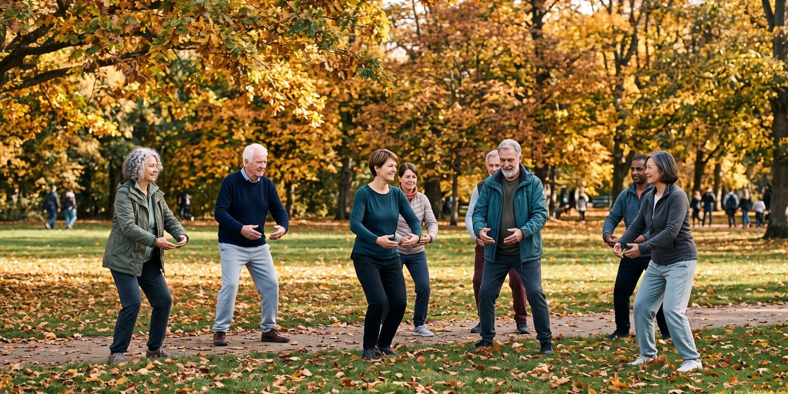 tai-chi-anfaenger-einstieg.webp Kleine Gruppe von Tai-Chi-Anfängern übt entspannt im Park