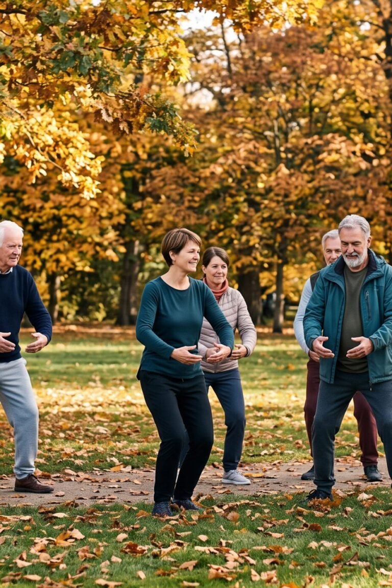 Kleine Gruppe von Tai-Chi-Anfängern übt entspannt im Park