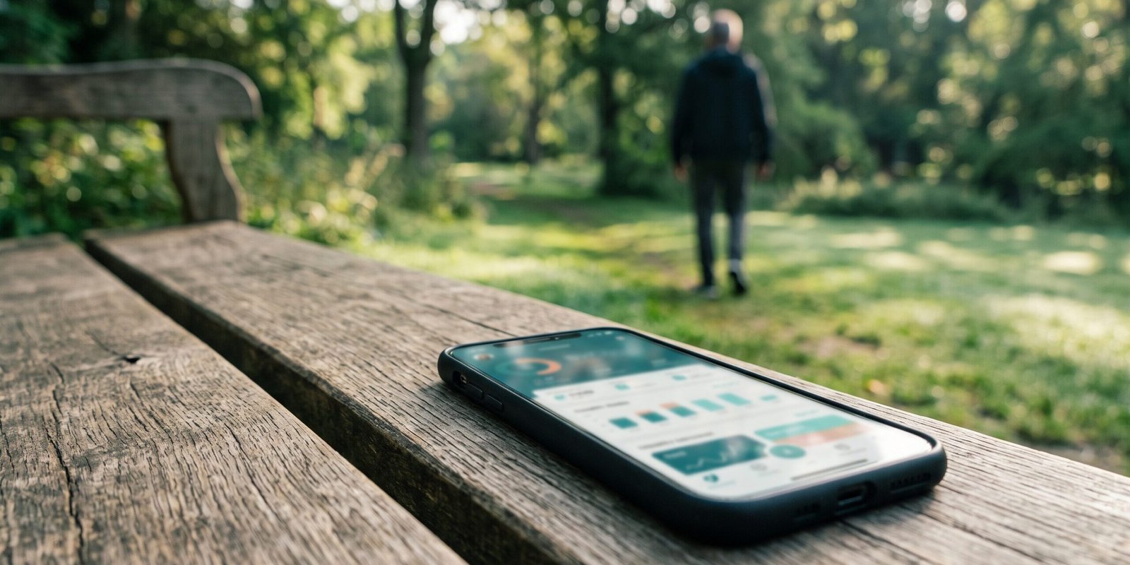 tai-chi-walking-app-vergleich.webp Smartphone mit Fitness-App auf Parkbank, im Hintergrund übt eine Person Tai Chi Walking