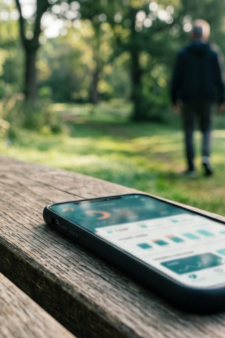 Smartphone mit Fitness-App auf Parkbank, im Hintergrund übt eine Person Tai Chi Walking