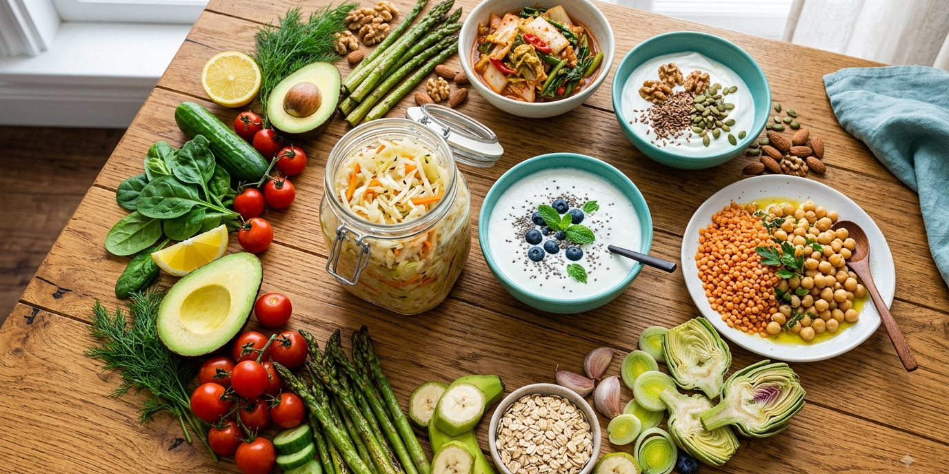darmflora-aufbauen-lebensmittel.webp Darmflora aufbauen: Tisch mit fermentierten Lebensmitteln, Gemüse, Hülsenfrüchten und probiotischem Joghurt