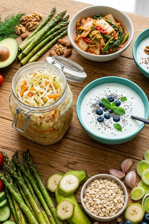 Darmflora aufbauen: Tisch mit fermentierten Lebensmitteln, Gemüse, Hülsenfrüchten und probiotischem Joghurt