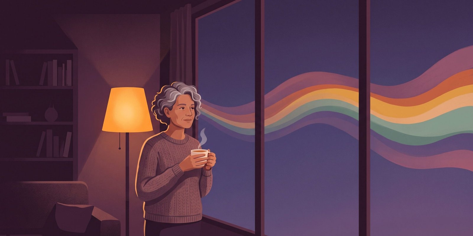 Schlafstörungen in den Wechseljahren: Illustration einer Frau am Fenster in der Nacht, warmes Teelicht gegen die Dunkelheit