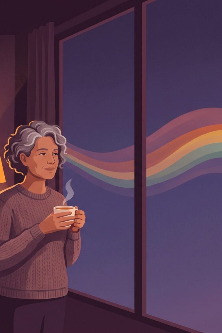 Schlafstörungen in den Wechseljahren: Illustration einer Frau am Fenster in der Nacht, warmes Teelicht gegen die Dunkelheit