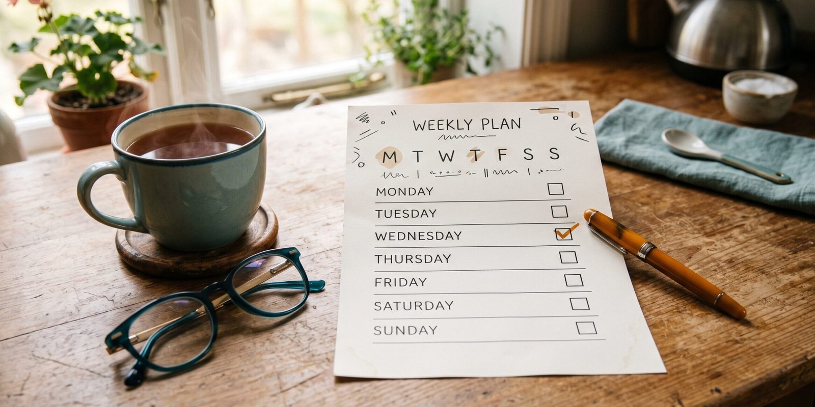 tai-chi-walking-7-tage-plan.webp Ausgedruckter 7-Tage-Plan mit Häkchen, Teetasse und Stift auf Küchentisch