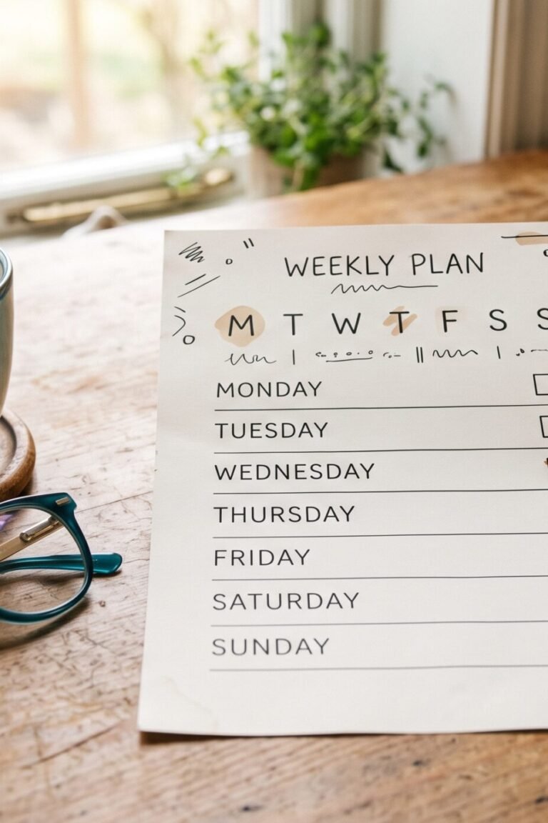 Ausgedruckter 7-Tage-Plan mit Häkchen, Teetasse und Stift auf Küchentisch