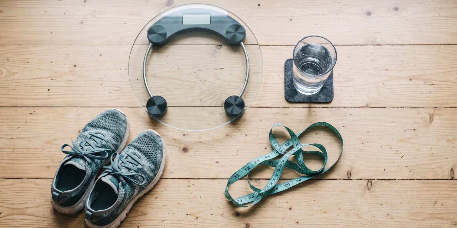 tai-chi-walking-abnehmen-selbsttest.webp Waage, Maßband und Sportschuhe als Symbol für den 4-Wochen-Selbsttest zum Abnehmen