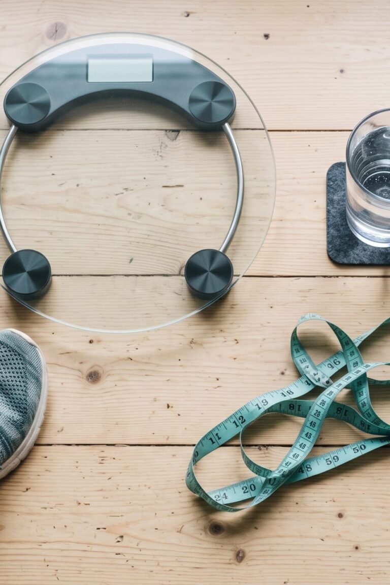 Waage, Maßband und Sportschuhe als Symbol für den 4-Wochen-Selbsttest zum Abnehmen