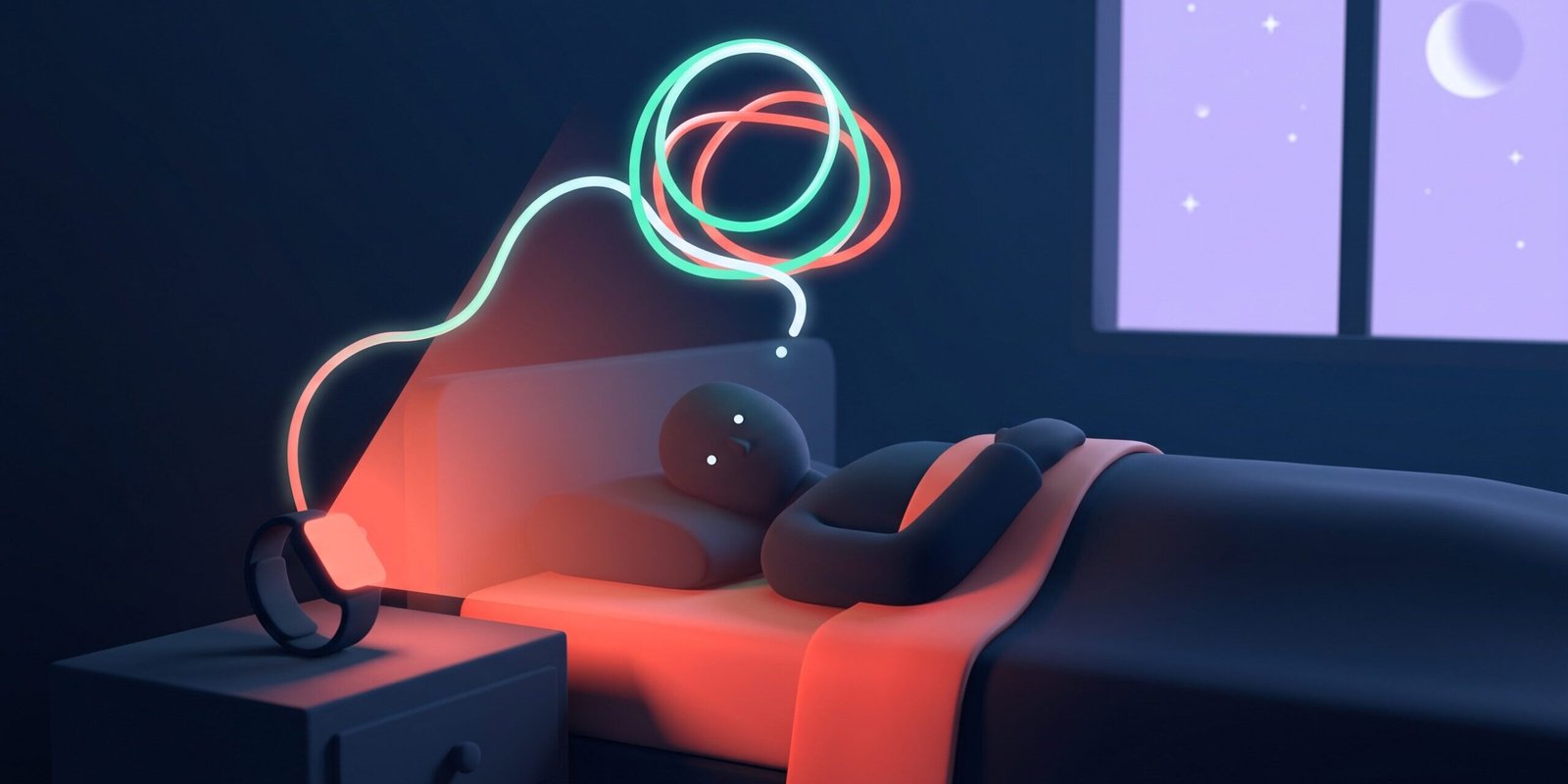 orthosomnie-schlaftracker-hero.png Orthosomnie: Person liegt wach im Bett, während die Smartwatch grell leuchtet — Schlaftracker als Stressquelle