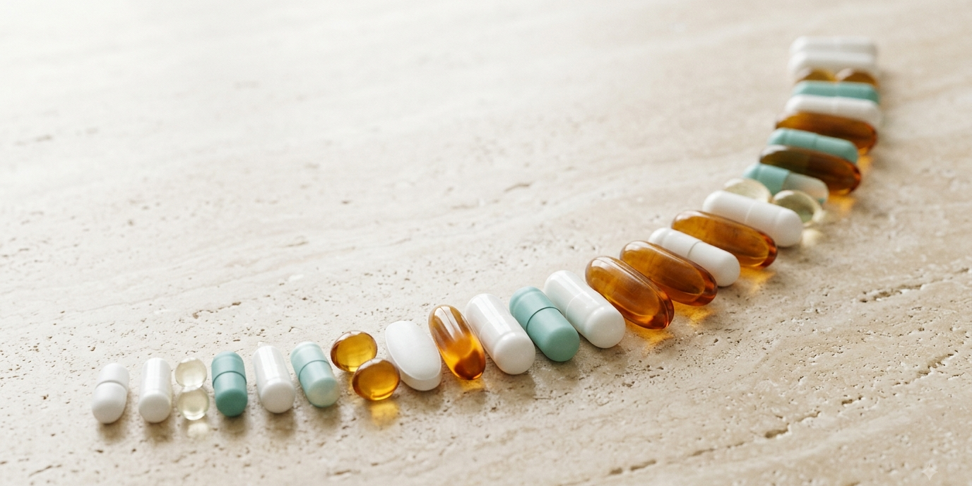 longevity-supplements-evidenz-ranking-2026.webp Aufsteigend angeordnete Supplement-Kapseln als Ranking – Symbolbild für Longevity Supplements im Evidenz-Check