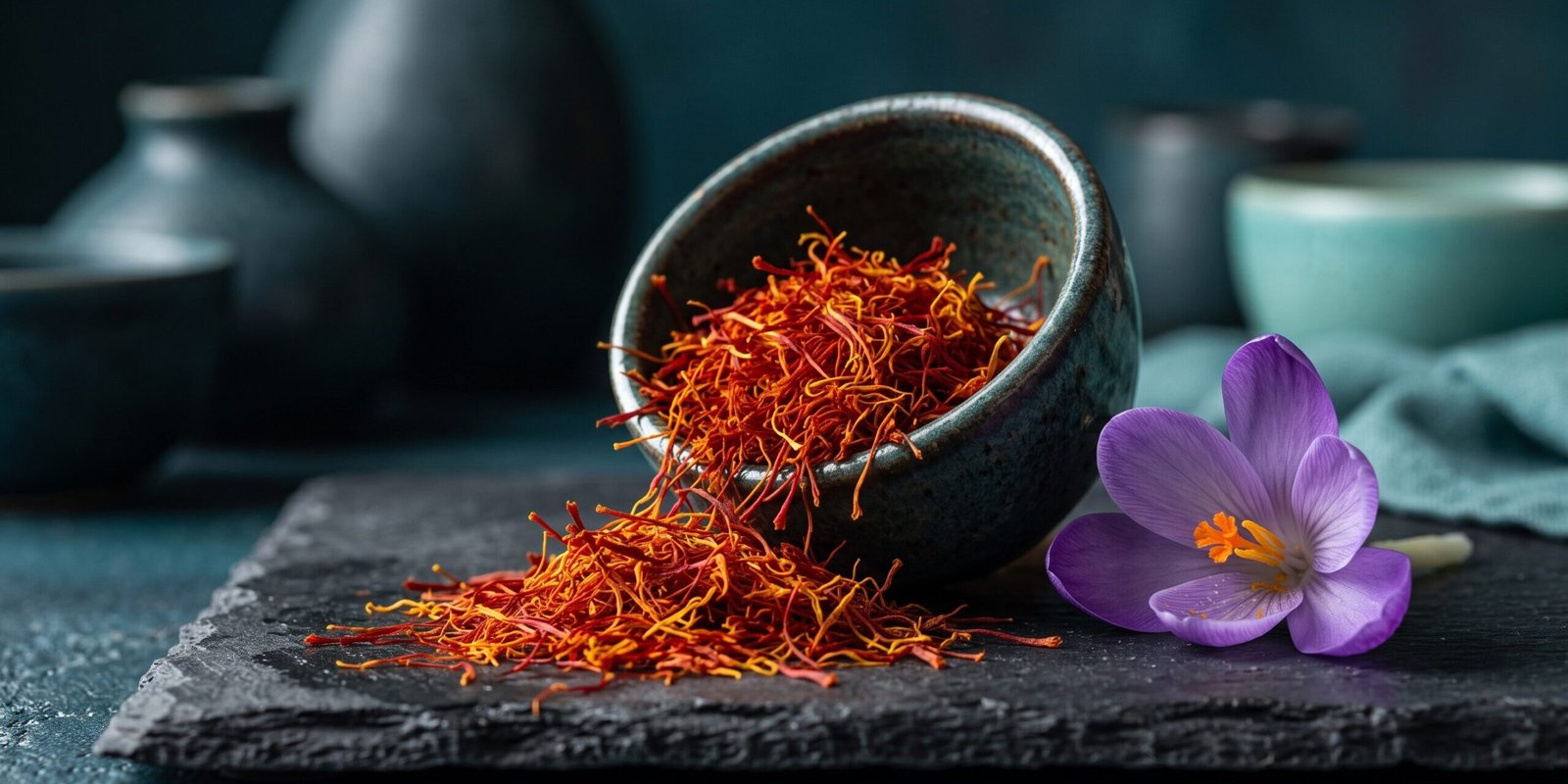 safran-wirkung-hero.webp Rote Safranfäden mit Krokusblüte auf dunkler Schieferplatte – Safran Wirkung auf Stimmung und Schlaf