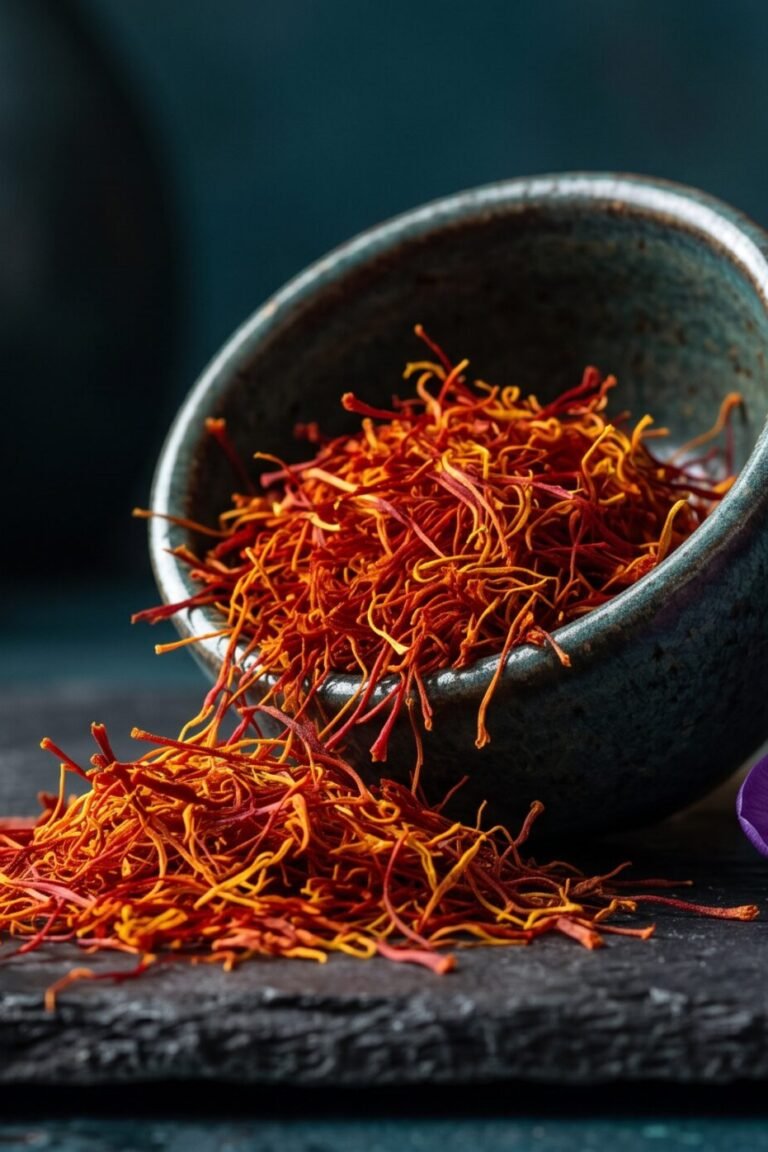 Rote Safranfäden mit Krokusblüte auf dunkler Schieferplatte – Safran Wirkung auf Stimmung und Schlaf