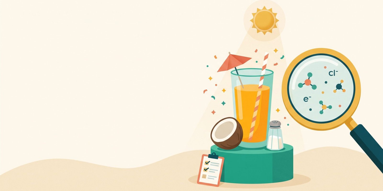 cortisol-cocktail-rezept-faktencheck-hero.webp Illustration: Fröhliches Cocktailglas mit Orangensaft, Schirmchen, Kokosnuss und Salzstreuer unter einer großen goldgeränderten Labor-Lupe – der virale Cortisol-Cocktail im Faktencheck