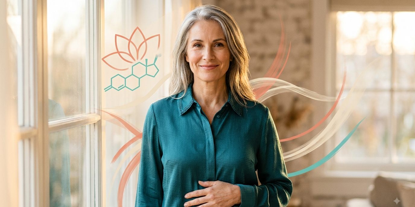 wechseljahre-blaehbauch-hormone-verdauung.webp Wechseljahre und Blähbauch: selbstbewusste Frau mittleren Alters, symbolische Verbindung von Hormonbalance und Verdauung