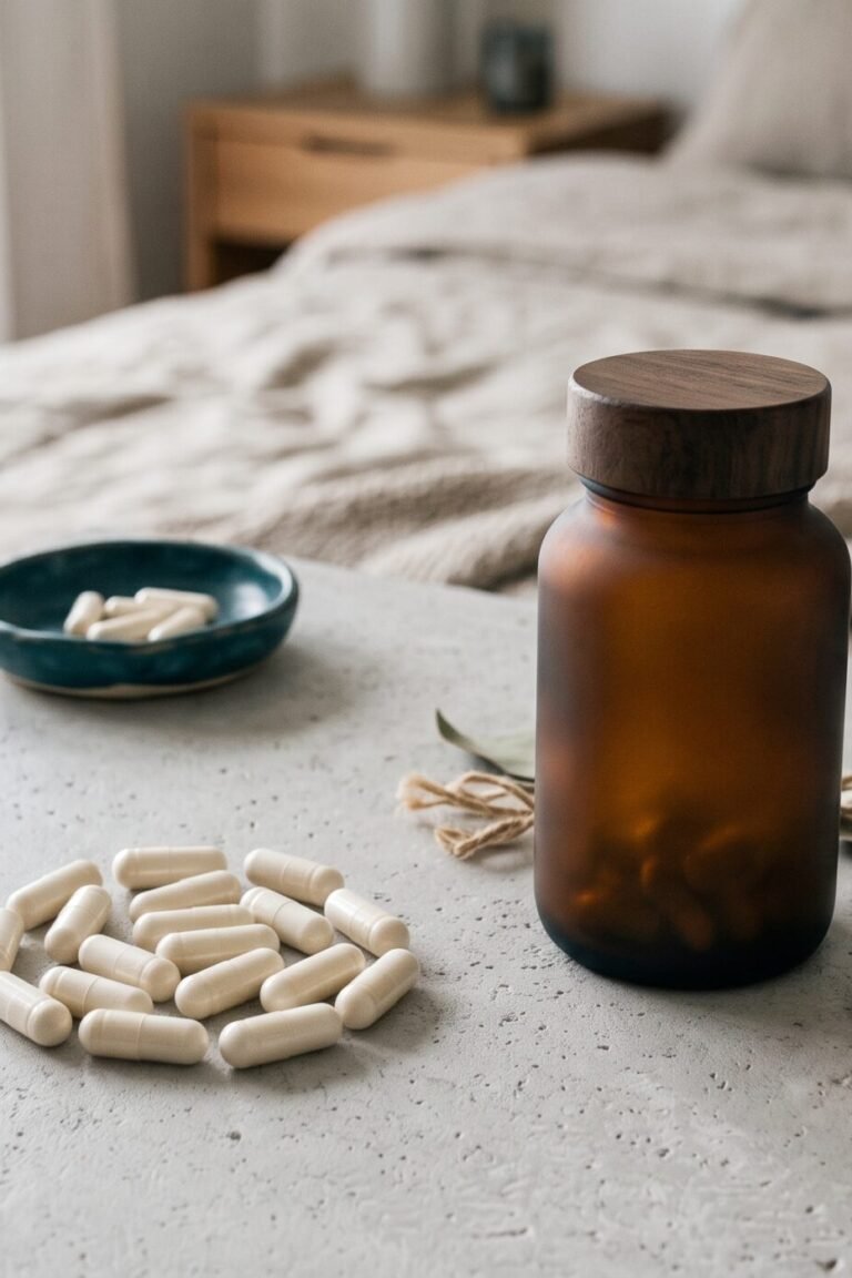 Premium Schlaf-Supplement mit weißen Kapseln auf minimalistischer Oberfläche im Morgenlicht – Sereniser Test und Erfahrungen