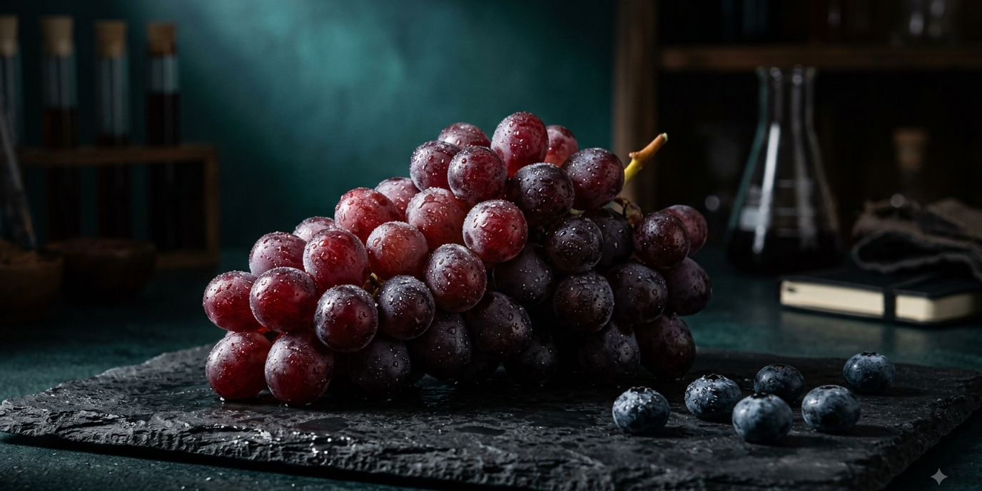 resveratrol-wirkung-trauben-sirtuine.webp Rote Trauben mit Wassertropfen auf Schiefer – Beitragsbild zur Resveratrol Wirkung und Sirtuin-Forschung
